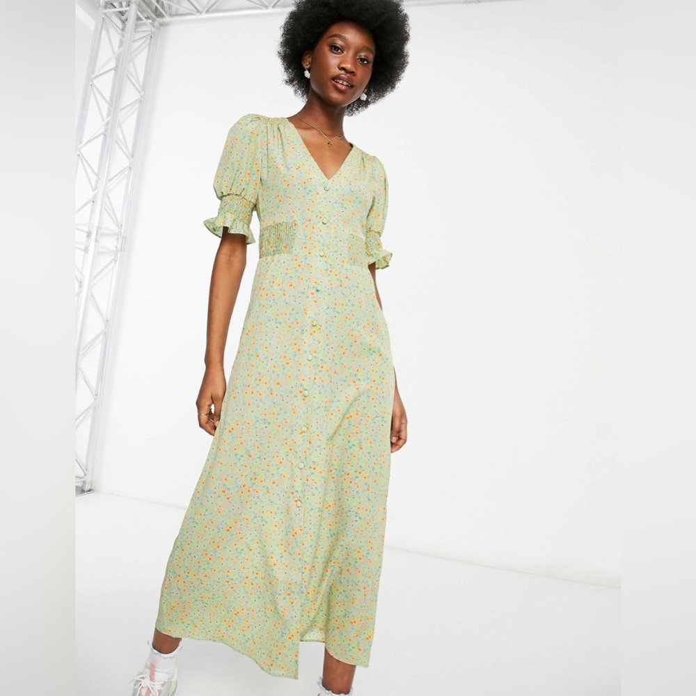 ASOS DESIGN Button Through Midi Tea Dress In Sage Floral